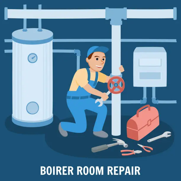 Vector illustration of Boiler Room Repair. Vector Illustration.