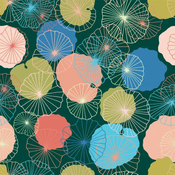 Vector illustration of Lotus flower  leaves in a pond seamless pattern background texture in a modern colorful style. Vector.