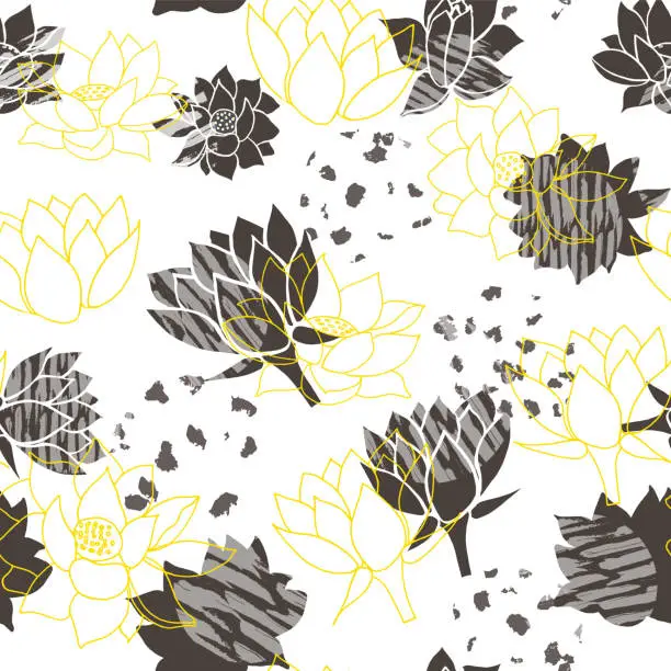 Vector illustration of Trendy abstract yellow and grey waterlilies or lotus flower seamless vector pattern background.
