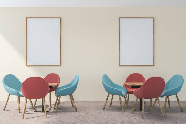 istock White restaurant interior with wooden tables, chairs. 3d render. Mock up. Wooden canvas 1145206544