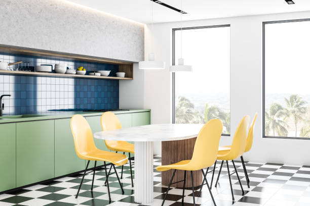 istock Modern disign kitchen interior with window and city veiw. 3d Render. 1145206582