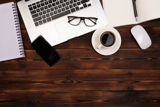istock Office desk table with supplies. Flat lay Business workplace and objects. Top view. Copy space for text - Image 1145209702