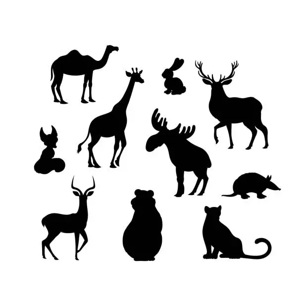 Vector illustration of Set of cartoon animal s silhouettes. Camel, fox, jaguar, elk, bear, armadillo, hare, deer, impala, giraffe