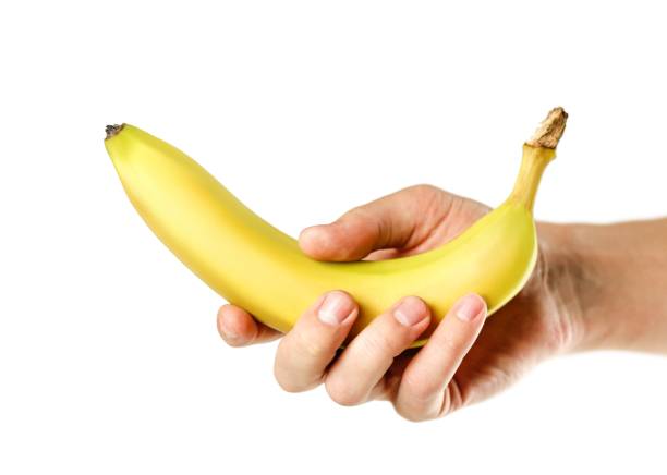 istock Hand holding one banana. Close up. Isolated on white background 1145212429