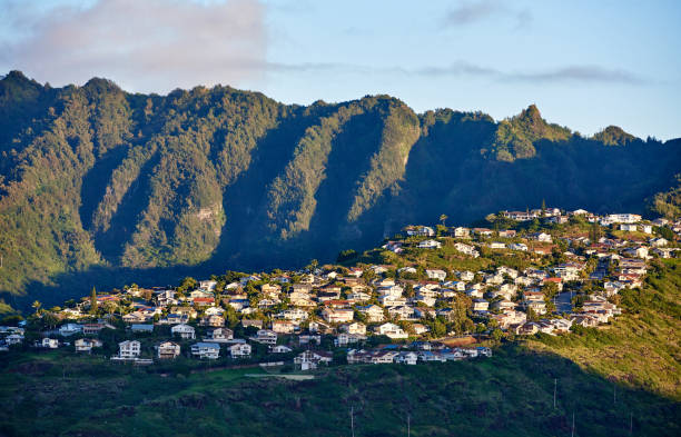 Kaneohe Town and Mountain Range at Sunset, Hawaii, USA stock photo