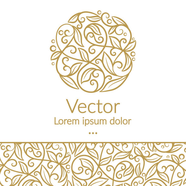 Golden linear leaf emblem. Elegant, classic vector. Can be used for jewelry, beauty and fashion industry. Great for logo, monogram, invitation, flyer, menu, brochure, background, or any desired idea. Vector illustration golden roses stock illustrations