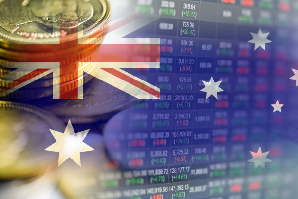 Stock market investment trading financial, coin and Australia flag or Forex for analyze profit finance business trend data background. stock photo