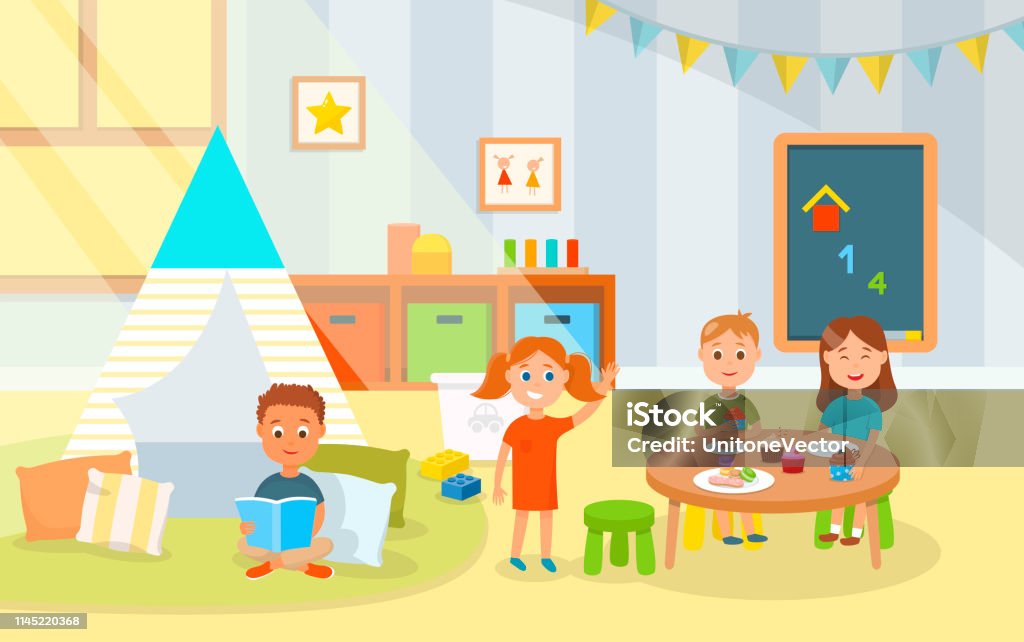 Cartoon little kids eat cakes in kindergarten. Cartoon little kids eat cakes in kindergarten. Flat style. Vector illustration. Children education. Dinner at nursery. Preschool stock vector