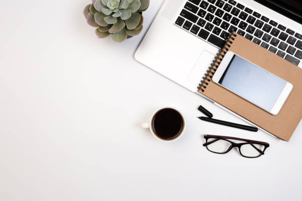 istock Office desk table with supplies. Flat lay Business workplace and objects. Top view. Copy space for text - Image 1145222206