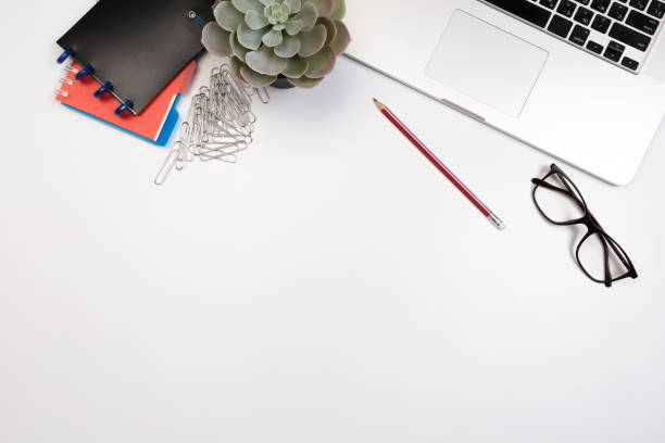istock Office desk table with supplies. Flat lay Business workplace and objects. Top view. Copy space for text - Image 1145222287