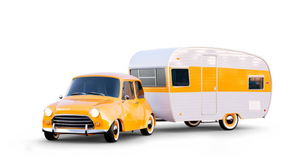 Retro car with white trailer. Unusual 3d illustration of a classic caravan. Camping and traveling concept stock photo