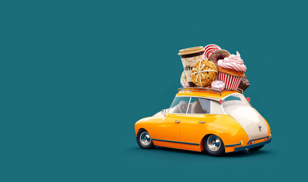 Cute fantastic retro car with sweets and coffee on top. Pastries concept 3d illustration.