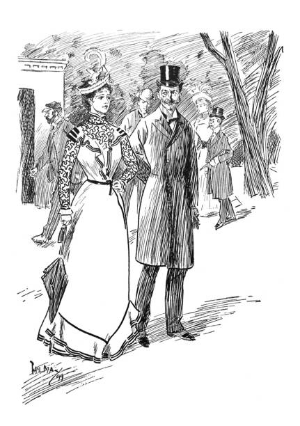 istock British satire comic cartoon caricatures illustrations - A couple at a park with people in the background 1145223242
