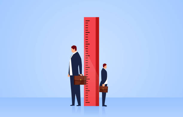 ilustrações de stock, clip art, desenhos animados e ícones de measuring, two businessmen stand sideways on both sides of the ruler - instrument of measurement illustrations