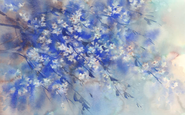 istock White sakura flower blossom on a dark background watercolor. 1145225557