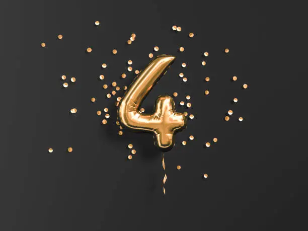 Four year birthday. Number 4 flying foil balloon and gold confetti on black. Four-year anniversary background. 3d rendering