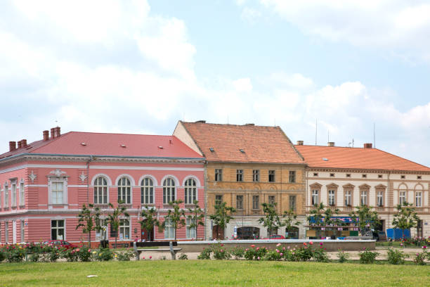 Terezin, Czech Republic - June 6, 2016:  The main town square in this former concentration camp were thousands of Jews were kept prisoner and became a victim of the holocaust.  Today the town is more or less a normal town where people try to live their life.  Theresienstadt has also become a international landmark and genocide memorial.