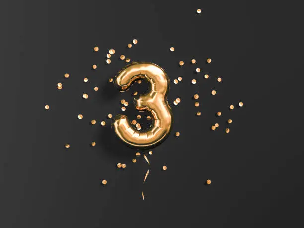 Three year birthday. Number 3 flying foil balloon and gold confetti on black. Tree-year anniversary background. 3d rendering