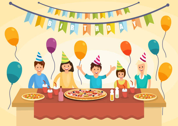 Cartoon happy family is eating pizza for birthday Cartoon happy family is eating pizza for birthday celebrations. Pizza time. Fast food lifestyle. Vector illustration. Clipart. Flat style. birthday family stock illustrations