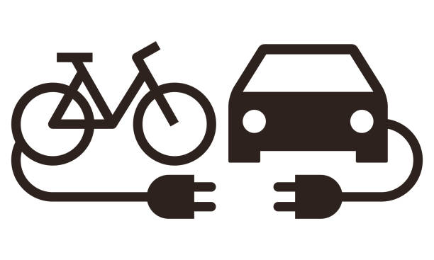 illustrazioni stock, clip art, cartoni animati e icone di tendenza di icona dell'auto elettrica e della bici elettrica - bicicletta elettrica