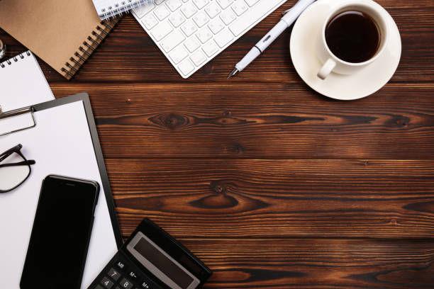istock Office desk table with supplies. Flat lay Business workplace and objects. Top view. Copy space for text - Image 1145231559