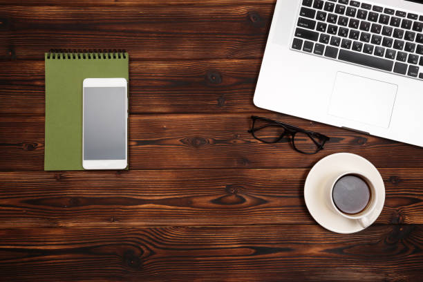 istock Office desk table with supplies. Flat lay Business workplace and objects. Top view. Copy space for text - Image 1145231580