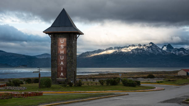 Entrance to Ushuaia city It's a monolith located in Ushuaia bay and the welcome to the city. ushuaia photos stock pictures, royalty-free photos & images