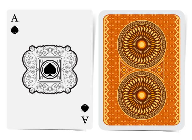 istock Ace of spades face with spades inside curly pattern square frame and back with golden orange geometrical pattern suit. Vector card template 1145234461