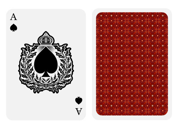 istock Ace of spades face with spades inside holy wreath and back red texture suit. Vector card template 1145234498