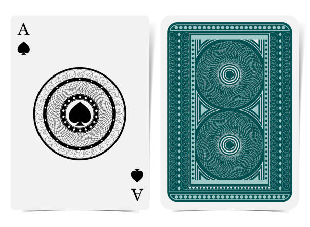 istock Ace of spades face with spades inside round curly frame and back with silver geometrical pattern on blue suit. Vector card template 1145234593