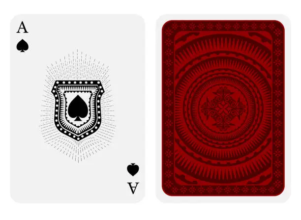 Vector illustration of Ace of spades face with spades inside shield with rays and back side with red pattern suit. Vector card template
