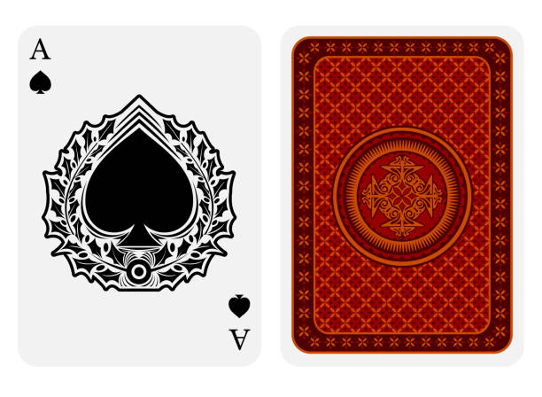 istock Ace of spades face with spades inside wreath and back red geometrical texture suit. Vector card template 1145234652