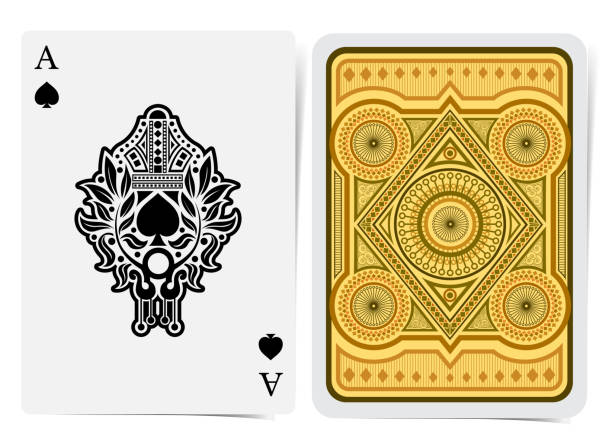 istock Ace of spades face with spades inside wreath with crown and back with golden brown geometrical pattern suit. Vector card template 1145234722