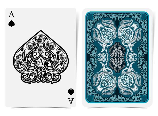 istock Ace of spades face with thistle plant pattern and back with blue and white floral pattern on dark suit. Vector card template 1145234775