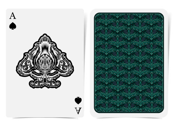 istock Ace of spades face with thistle plant pattern and back with green floral pattern on dark suit. Vector card template 1145234790