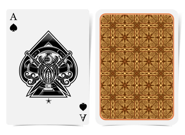 istock Ace of spades face with thistle plant pattern and crossed swords and back with brown geometrical insect pattern on dark suit. Vector card template 1145234797