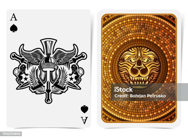 Ace Of Spades Face With Warrior Helmet Between Wings Lions Wreath And Crossed Swords And Back With Golden Tile Round Pattern With Lion Face Suit Vector Card Template Stock Illustration - Download Image Now