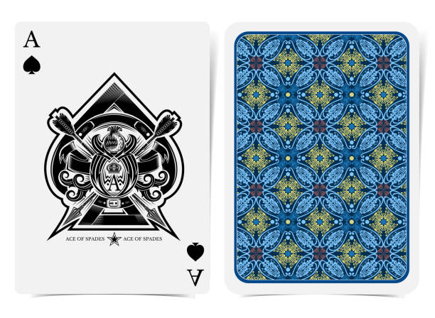 istock Ace of spades face with thistle plant pattern and crossed arrows and back with blue geometrical insect pattern on dark suit. Vector card template 1145234997