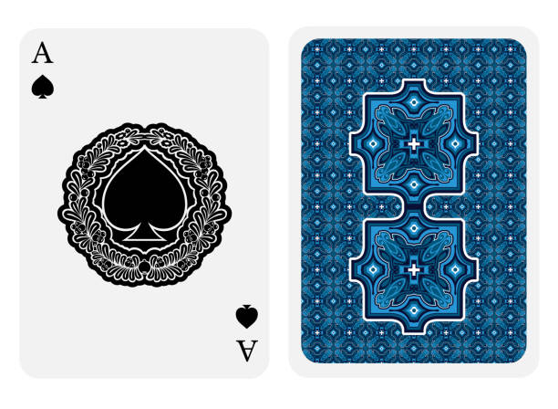istock Ace of spades face with spades inside wreath with berry and back blue geometrical texture suit. Vector card templateAce of spades face with spades inside wreath with berry and back blue geometrical texture suit. Vector card template 1145235060