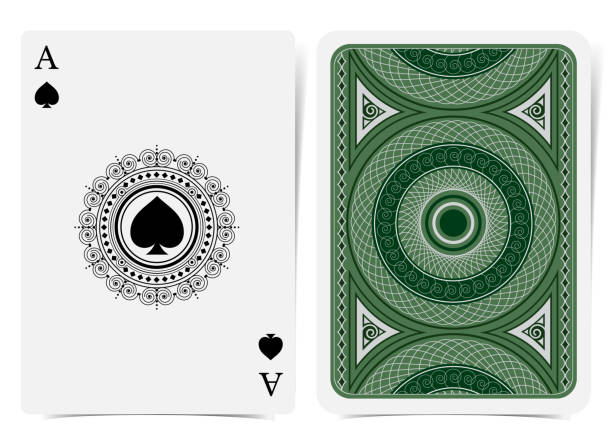 스페이드의 에이스는 녹색 소송에 은색 기하학적 패턴으로 라운드 곱슬 프레임과 뒷면에 스페이드와 얼굴. 벡터 카드 템플릿 - ace of spades illustrations stock illustrations