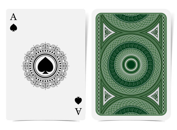 ilustrações de stock, clip art, desenhos animados e ícones de ace of spades face with spades inside round curly frame and back with silver geometrical pattern on green suit. vector card template - ace of spades illustrations