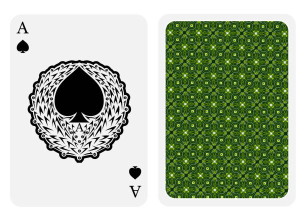 istock Ace of spades face with spades inside floral wreath and back green texture suit. Vector card template 1145235778