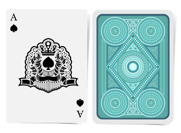istock Ace of spades face with spades inside abstract wreath with crown and back with blue geometrical pattern suit. Vector card template 1145235798