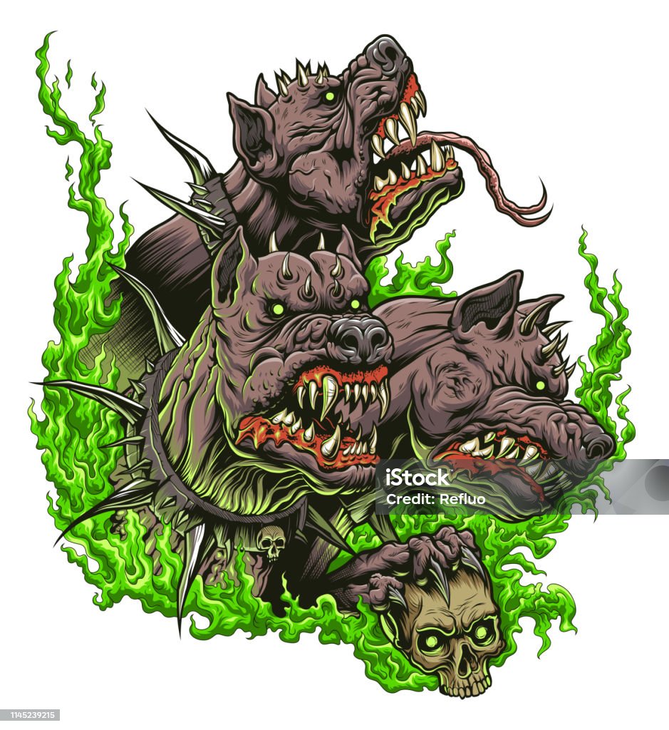 Cerberus with green fire Illustration of three heads of Cerberus with green fire. Cerberus - Mythical Creature stock vector