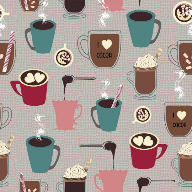 Collection of hot cocoa and hot chocolate mugs on checkered background. Vector seamless repeat pattern. Collection of hot cocoa and hot chocolate mugs on checkered background. Vector seamless repeat pattern. Perfect for fabric, kitchenware and decor, wallpaper, home, wrapping paper, packaging food sample cups stock illustrations