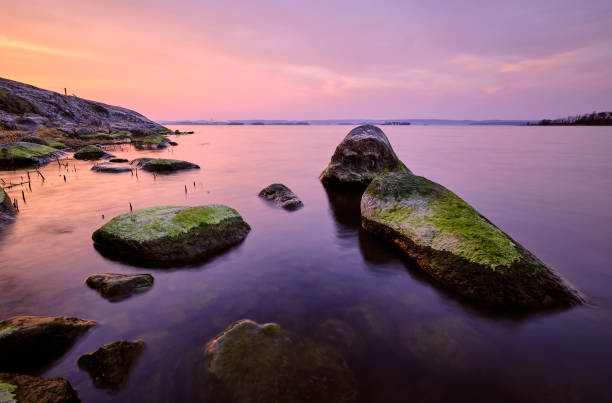 istock stones with moss on the coast with sunset in the background 1145249126