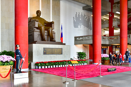 Taipei, Taiwan - November 25, 2018:Bronze statue of Sun Yat-Sen in Memorial Hall, Sun was a revolutionary and political leader. As Sun is Founding Father of Republican China.