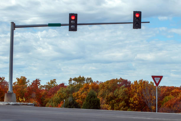 Conceptual image with green traffic light and Route 66 street sign with woods and snow-capped mountains in background