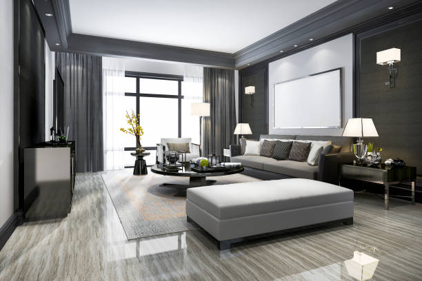 istock 3d rendering modern living room and with shelf 1145250382