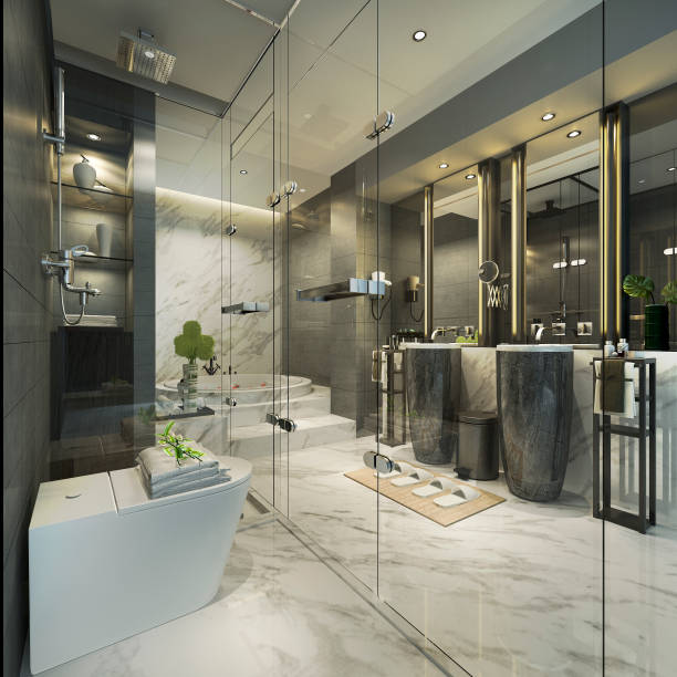 3d rendering modern bathroom with luxury tile decor - 2333 imagens e fotografias de stock